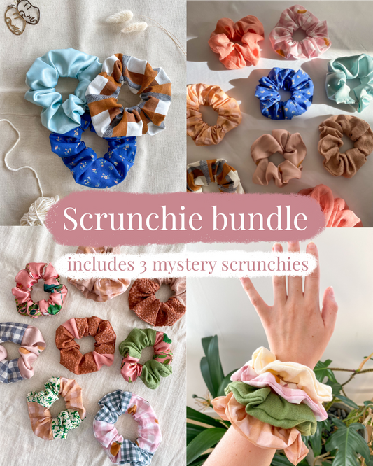 Collage of colorful scrunchies with text about a scrunchie bundle including three mystery scrunchies.