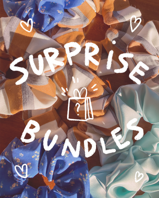 Colorful scrunchies with text 'Surprise Bundles'