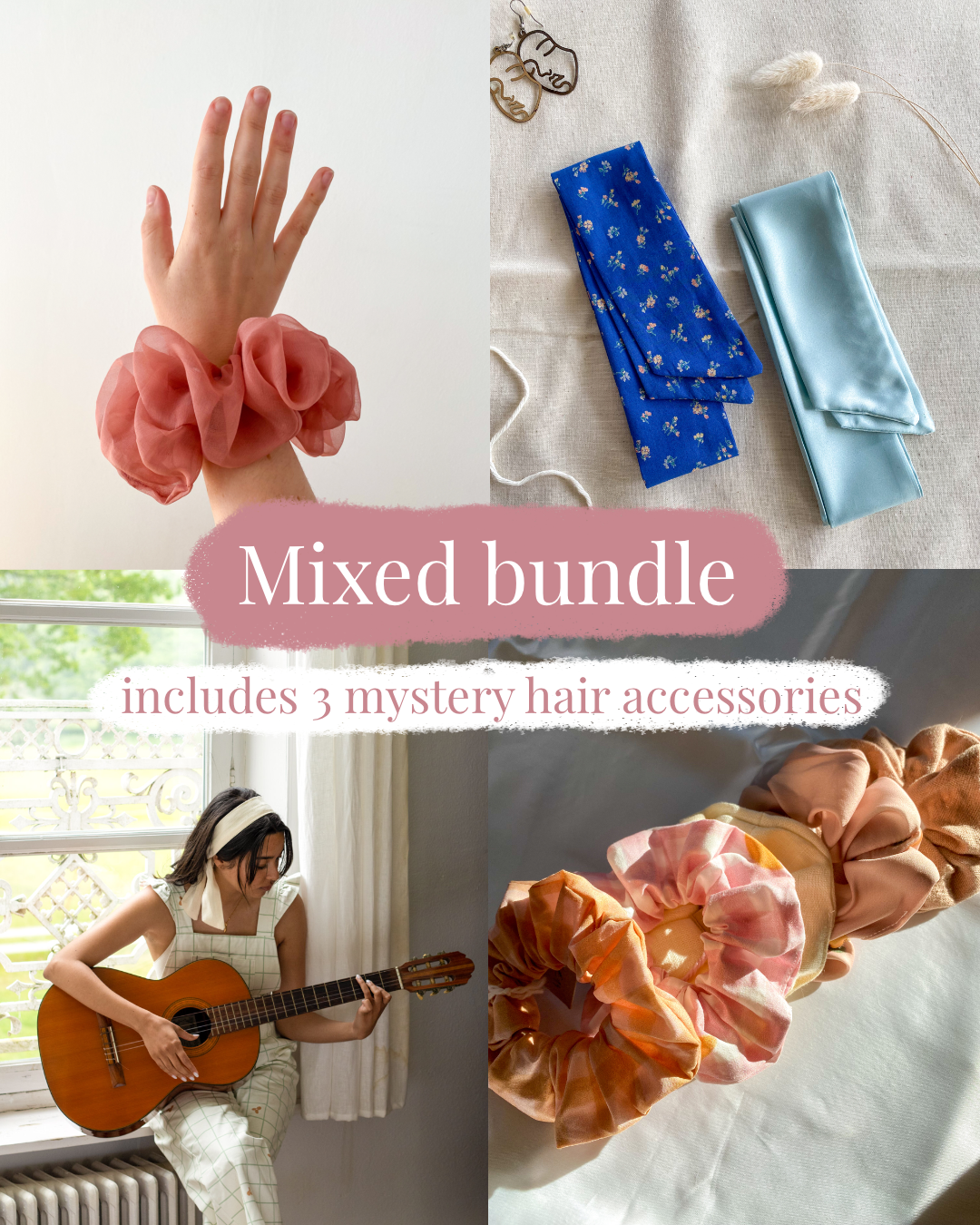 Collage of hair accessories including scrunchies and headbands with text 'Mixed bundle includes 3 mystery hair accessories'.