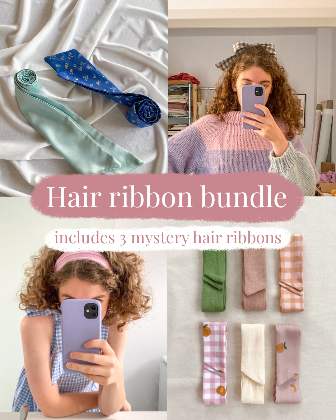Collage of hair ribbons with a person wearing one, and text about a hair ribbon bundle.